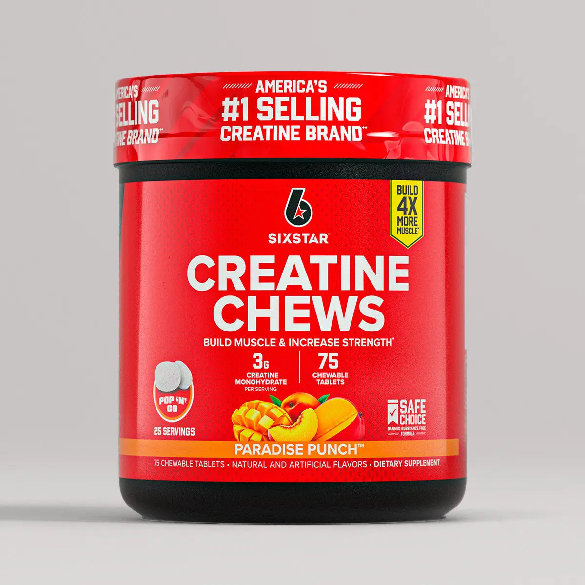 Six Star Creatine Chews Paradise Punch | 3G Pure Creatine Monohydrate per Serving | Compare to Creatine Gummies | Muscle Gain, Strength, Recovery, & Cognitive Health | 75 Chews